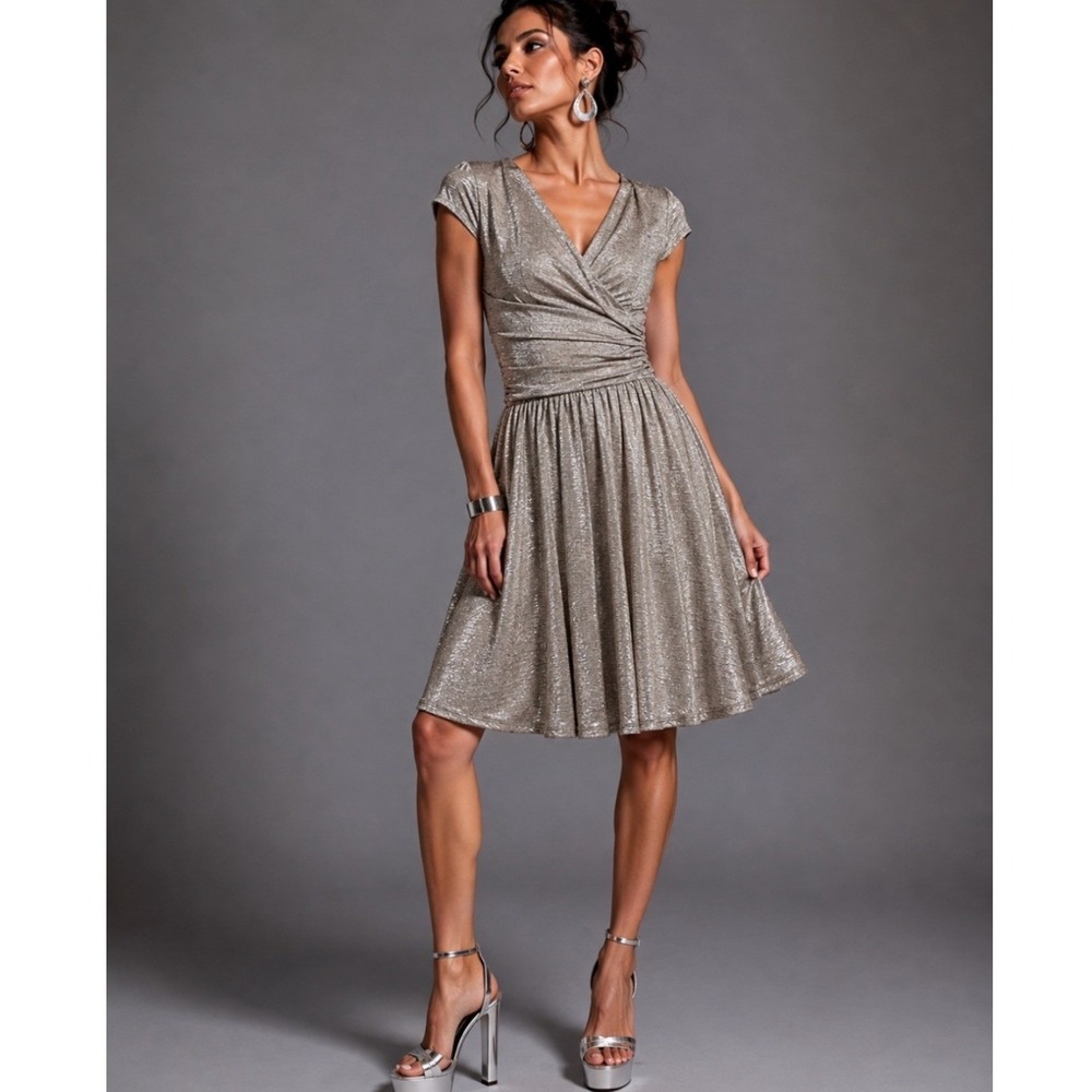 Maeve Anthropologie Tamera Silver Metallic Wrap Dress Sz L Shimmer Cocktail